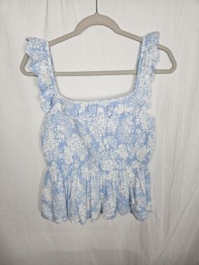 Smocked Ruffle Strap Women's Top - Light Blue Floral